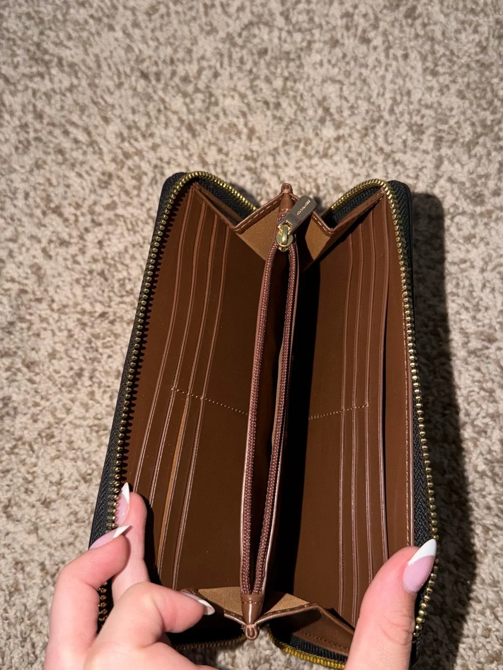 Coach Brown Signature Zip Wallet with Yellow Logo Patch